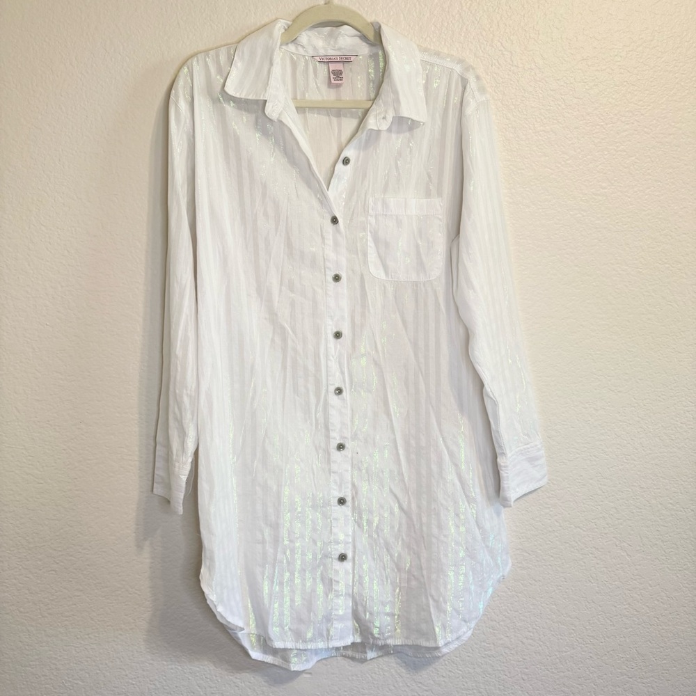 Victoria's Secret White and Silver Shimmer Striped Shirt - M - Picture 2 of 7